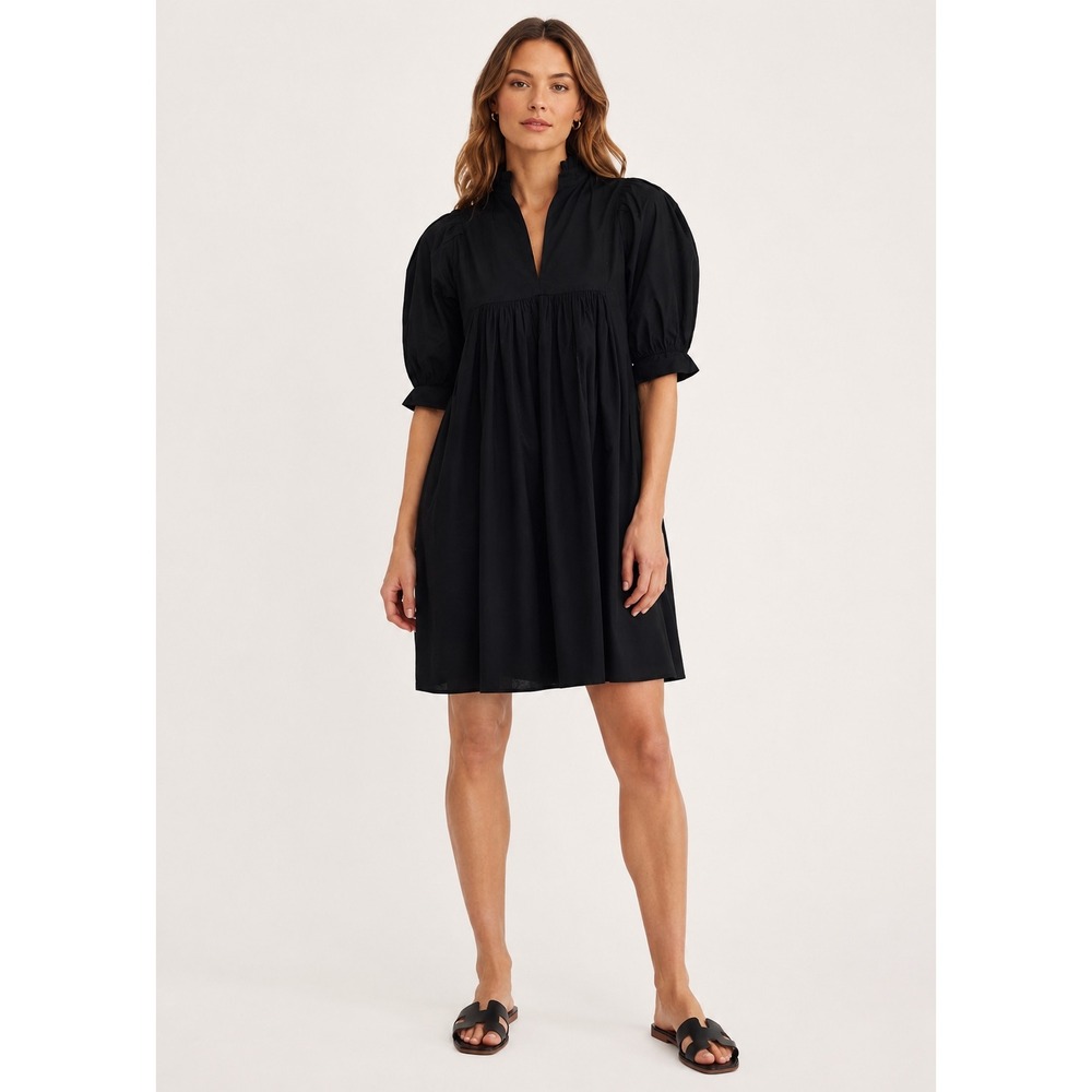 Never A Wallflower Black Cotton Puff Sleeve Ruffle High Neck Babydoll Mini Dress